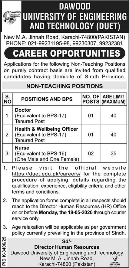 Dawood University Of Engineering & Technology DUET Jobs 2026
