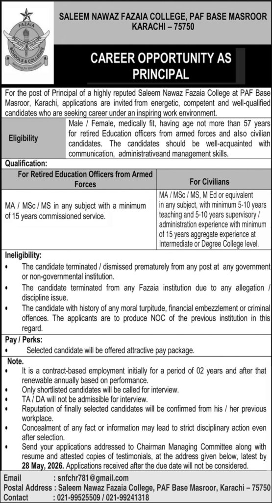 Job Opportunity At Saleem Nawaz Fazaia PAF College