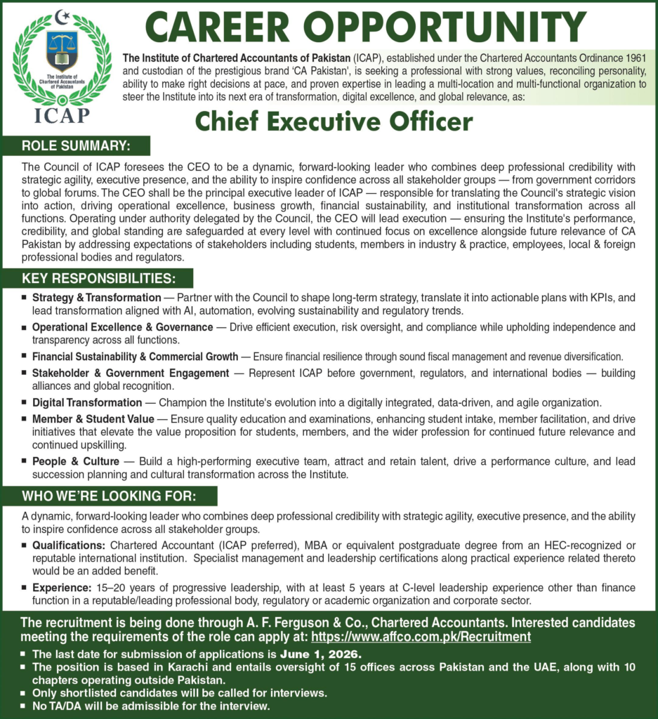Institute Of Chartered Accountants Of Pakistan ICAP Job 2026
