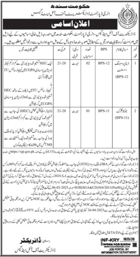 Directorate Of Oil & Gas Energy Department Sindh Jobs 2026
