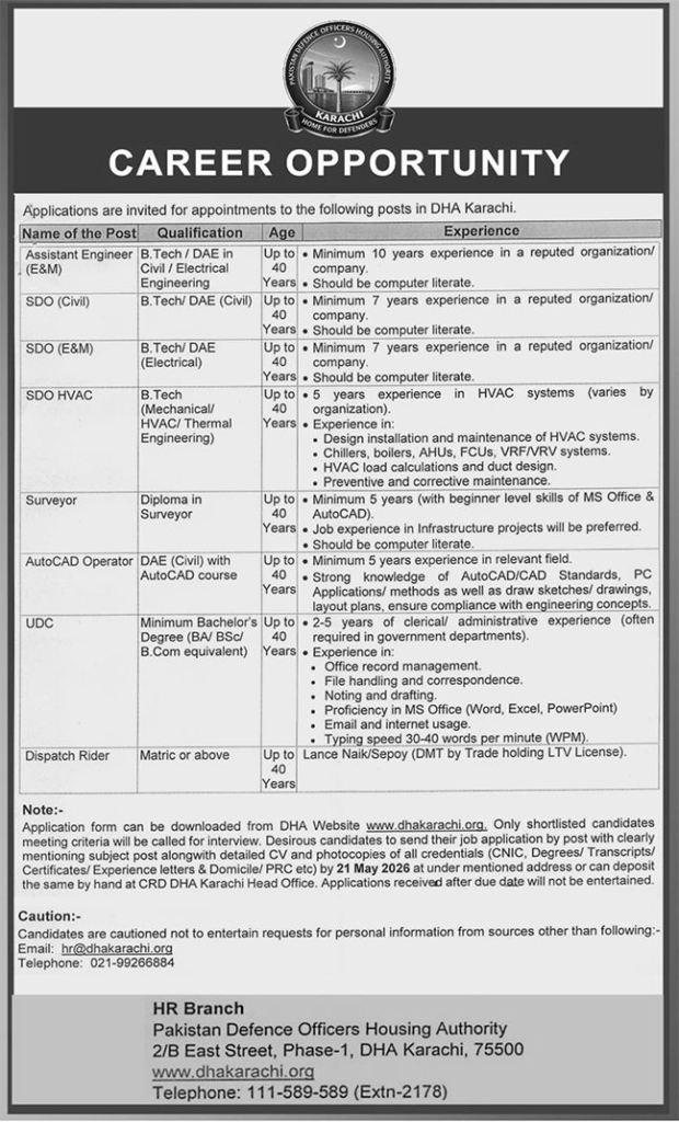 Pakistan Defence Officers Housing Authority Jobs Notice 2026

