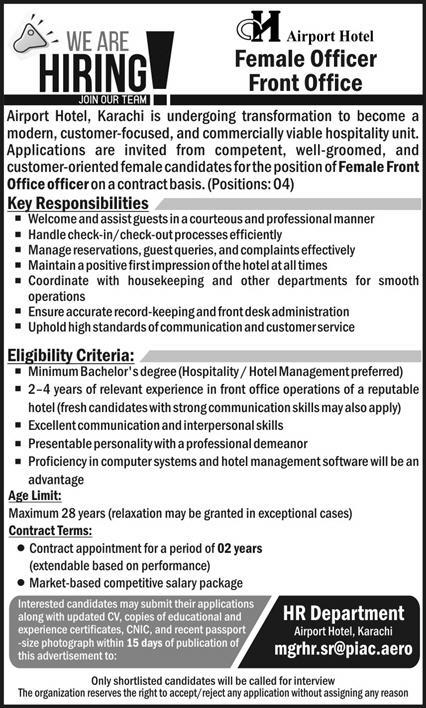 Female Officer Front Office Jobs 2026 In Airport Hotel

