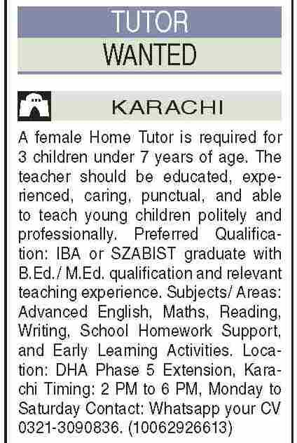 Female Home Tutor Jobs Karachi 