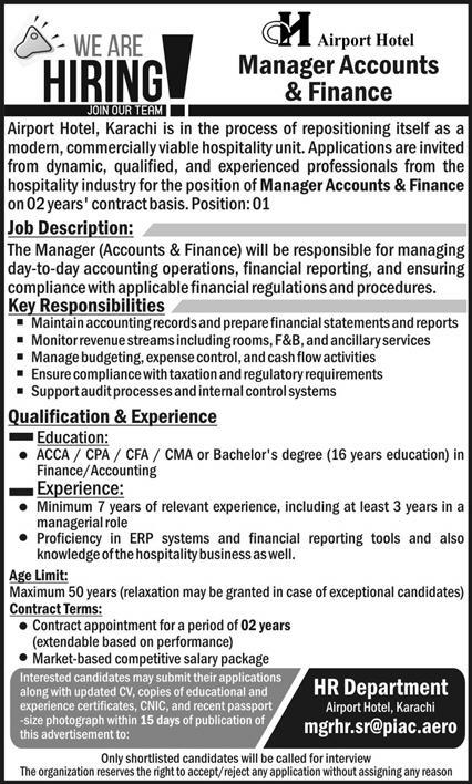 Manager Accounts & Finance Jobs 2026 In Airport Hotel
