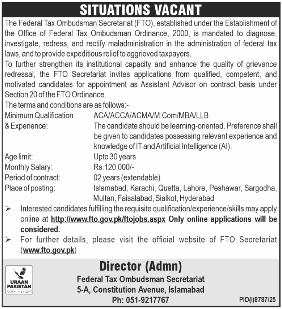 Federal Tax Ombudsman Secretariat FTO Jobs 2026
