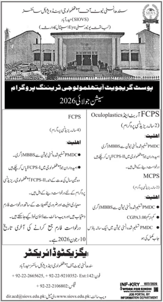 Sindh Institute Of Ophthalmology & Visual Sciences Jobs 2026
