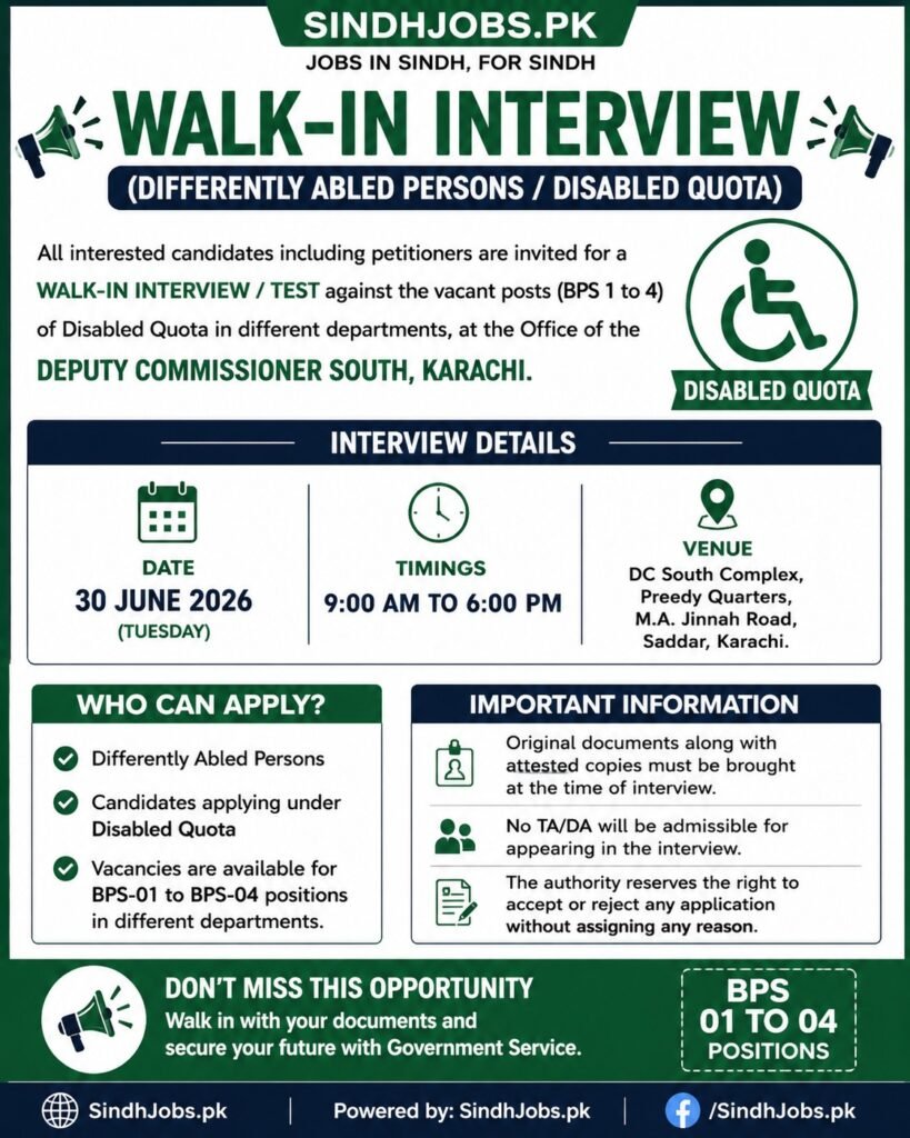 Walk-in Interview Karachi Urgent Disabled Jobs!