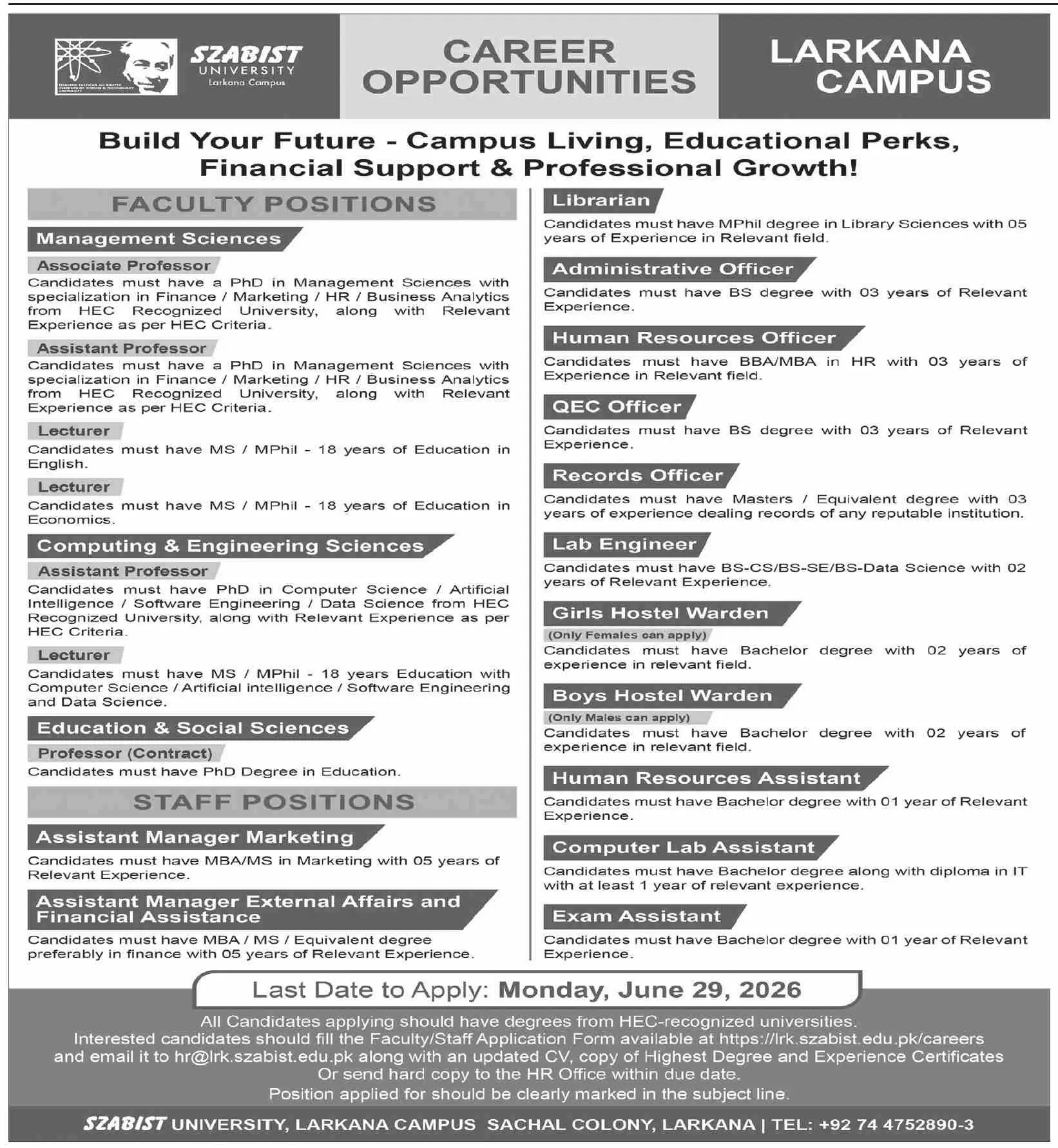 SZABIST University Larkana Campus Jobs 2026