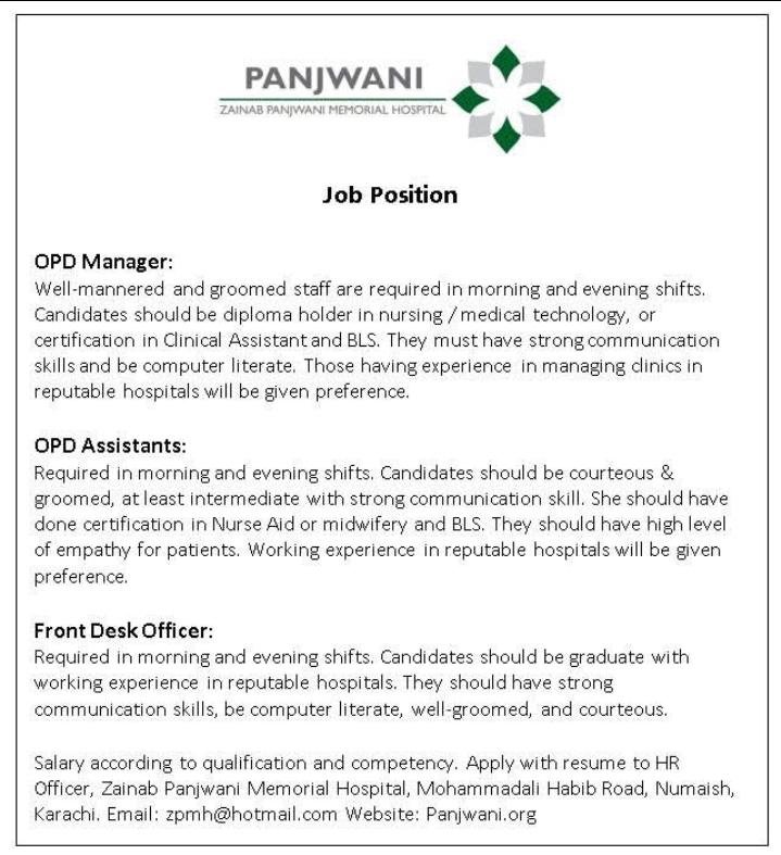 OPD Manager Jobs in Zainab Panjwani Memorial Hospital