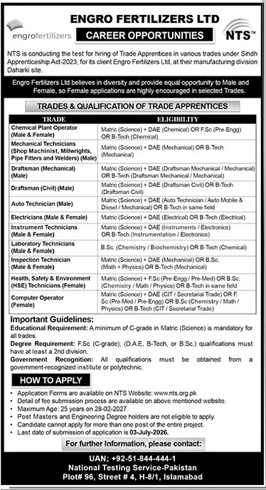 Apply For Jobs in Engro Fertilizers Limited Company 2026