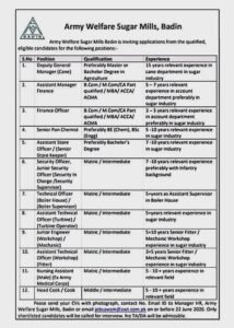 Army Welfare Sugar Mills Jobs in Sindh 2026 Online Apply