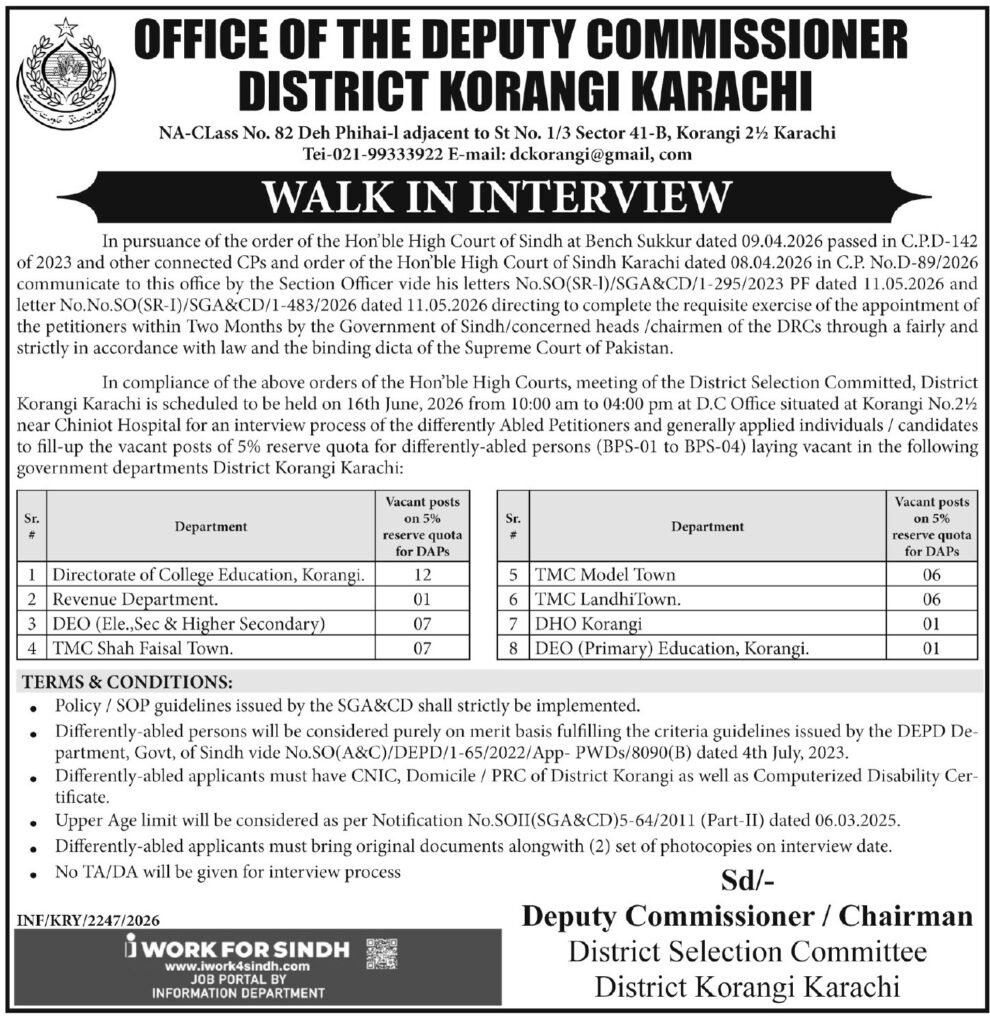 Deputy Commissioner District Karachi Jobs Interview Schedule 2026