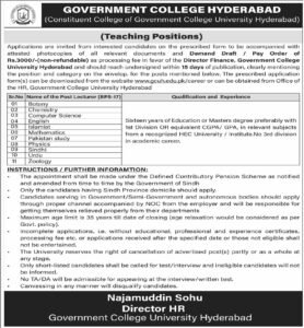 Government College University Hyderabad Jobs Urgent 2026