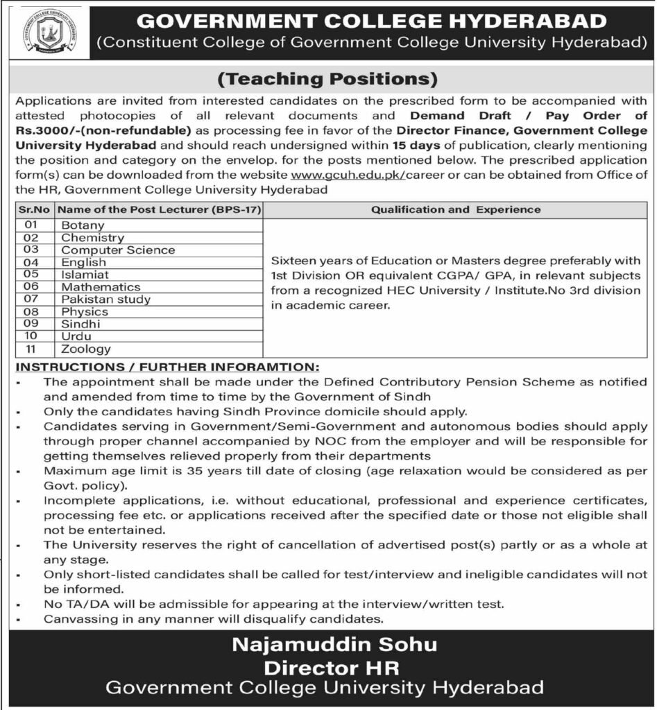 Government College University Hyderabad Jobs Urgent 2026