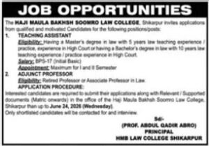Haji Maula Bakhsh Soomro Law College Shikarpur Jobs 2026