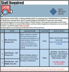 Indus Resource Centre IRC Job Opportunities in Sindh 2026