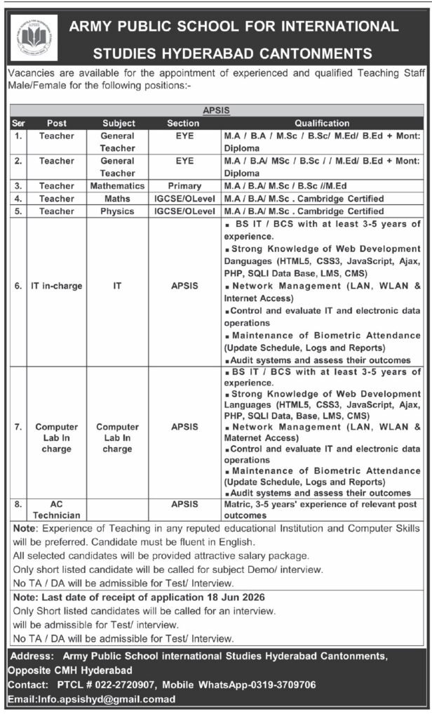 Job Opportunities in Army Public School Hyderabad 2026