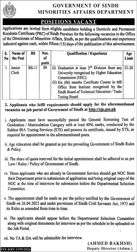 Job Vacancies At Sindh Minorities Affairs Department 2026