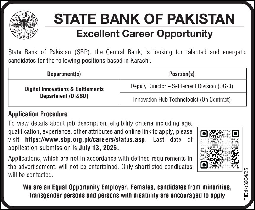 Jobs Career At State Bank Of Pakistan SBP Karachi 2026