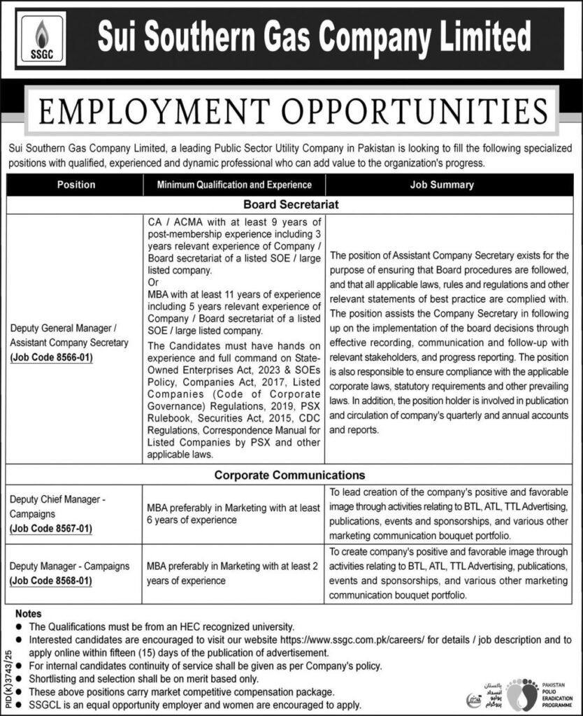 Jobs Career At Sui Southern Gas Company Limited SSGC
