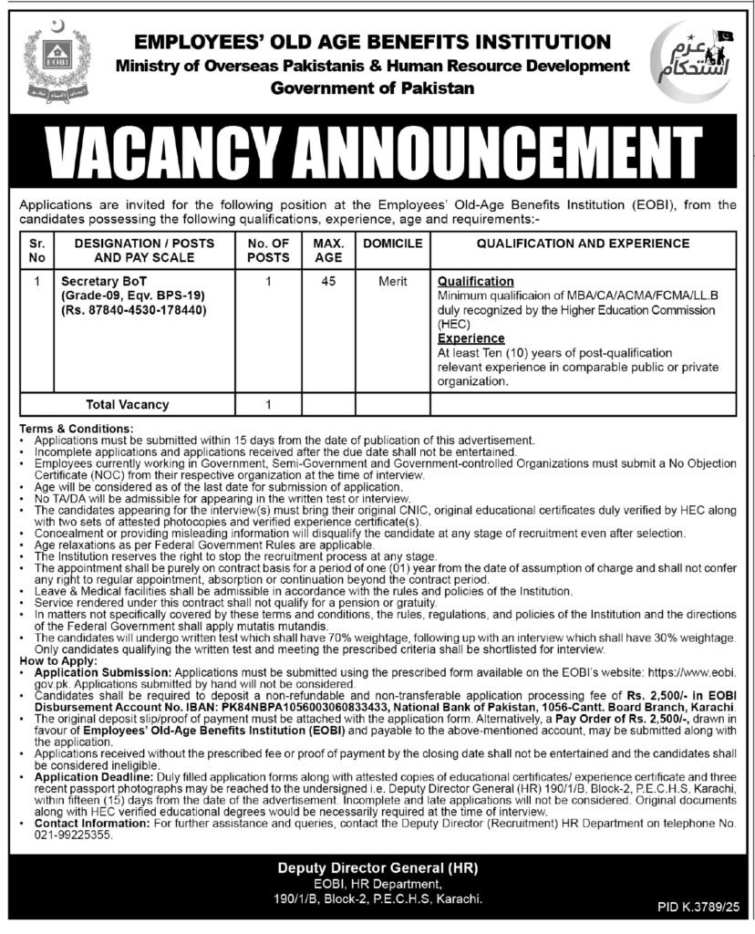 Ministry of Overseas Pakistanis and HRD Secretarial Sindh Jobs 2026