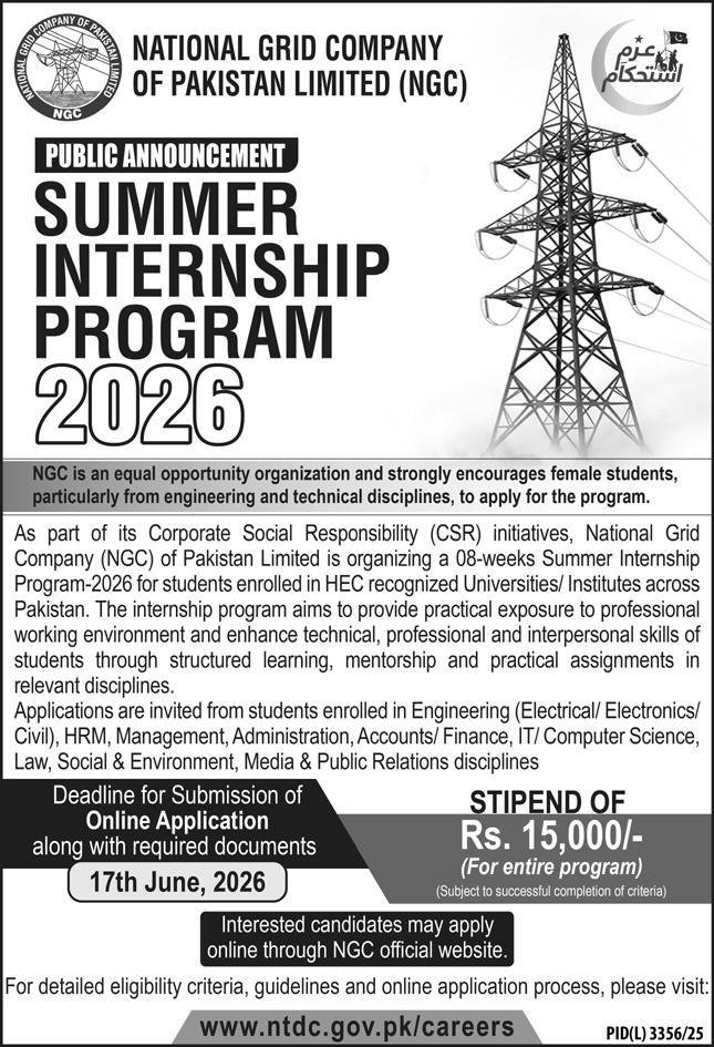 National Grid Company of Pakistan NGC Summer Internships 2026
