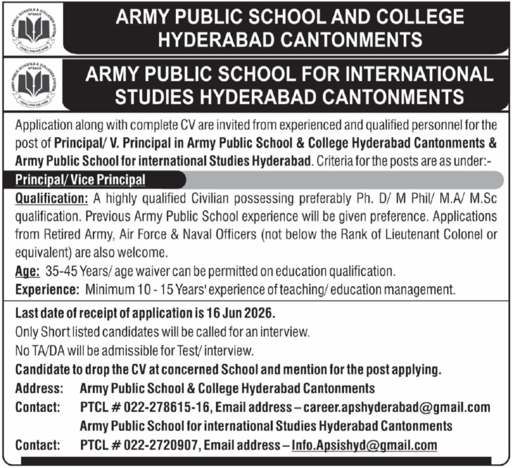 Opportunities At Army Public School and College APSC Hyderabad 2026