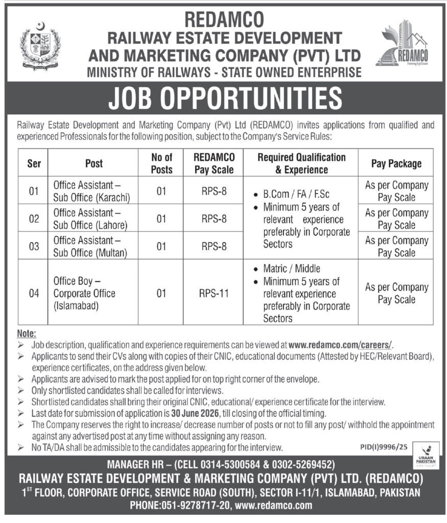 Railway Estate Development and Marketing Company Sindh Jobs 2026