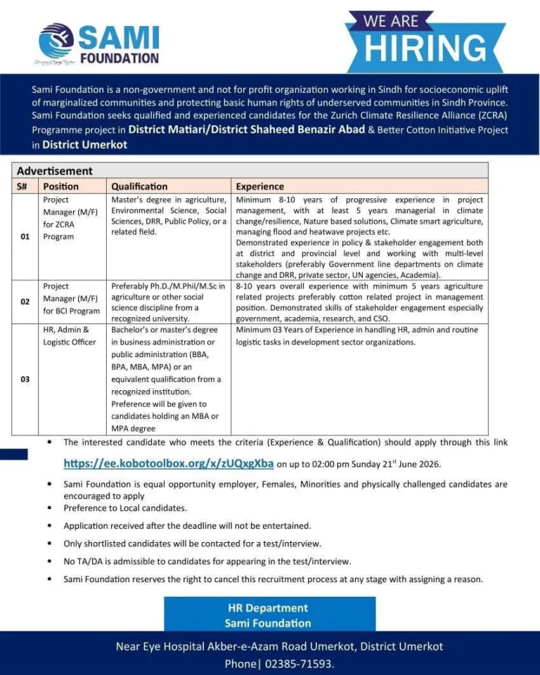 Sami Foundation Jobs 2026 Applications Open All Sindh
