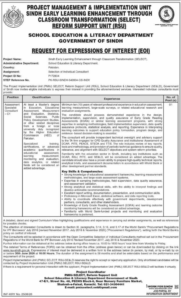 School Education and Literacy Department Jobs in Sindh 2026