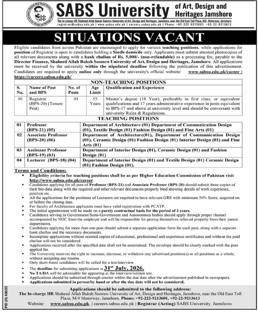 Shaheed Allah Buksh Soomro University Jamshoro Jobs 2026