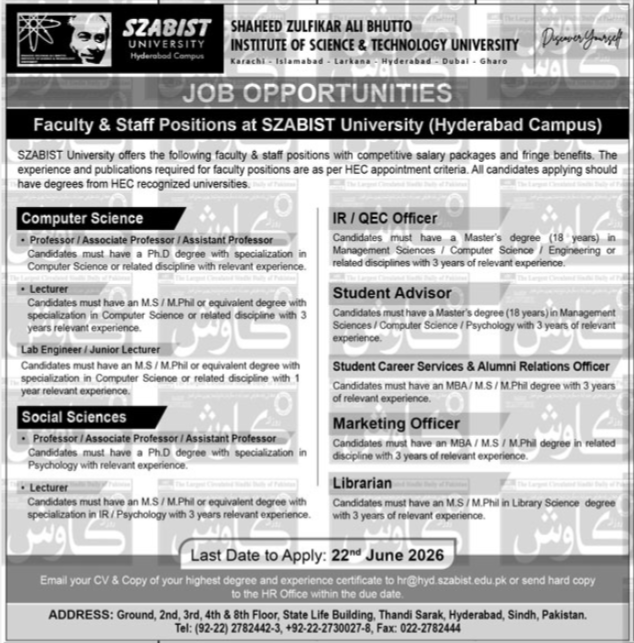 Shaheed Zulfikar Ali Bhutto Institute of Science and Technology Careers
