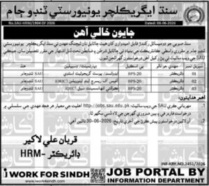 Sindh Agriculture University Tandojam Jobs Applications Open 2026