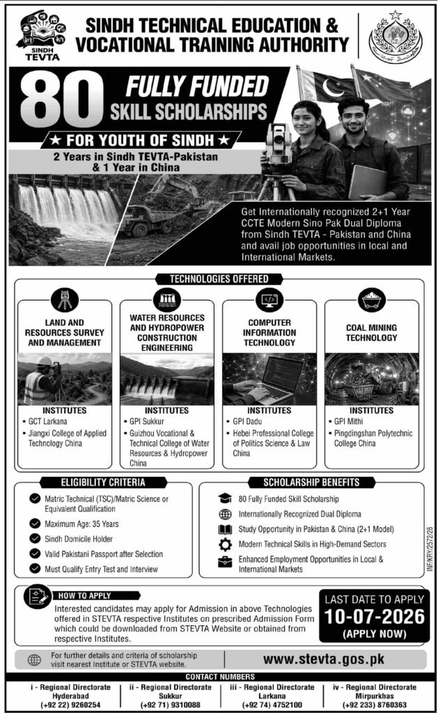 Sindh Government STEVTA Scholarships Online Applications Open 2026