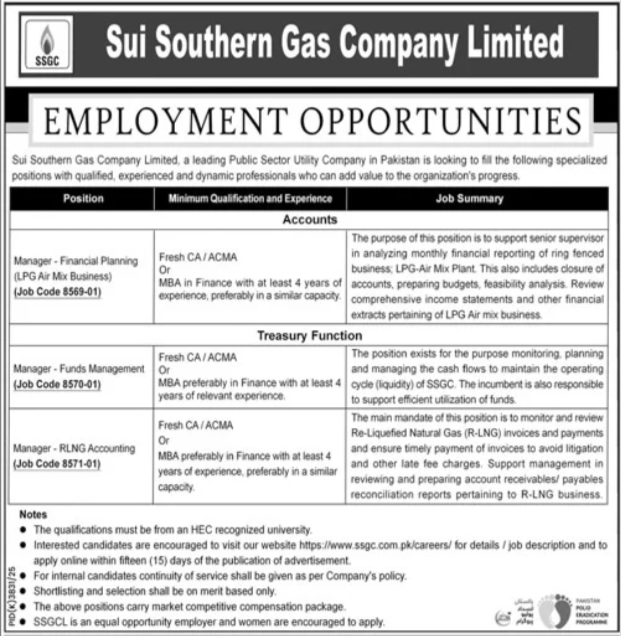 Sui Southern Gas Company Limited SSGC Jobs Vacancies 2026