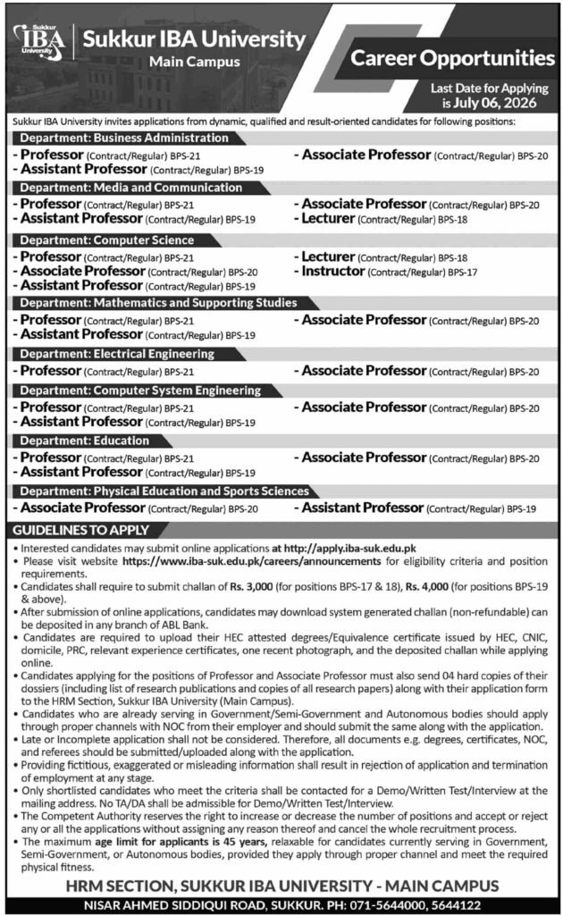 Sukkur IBA University Career Opportunities 2026