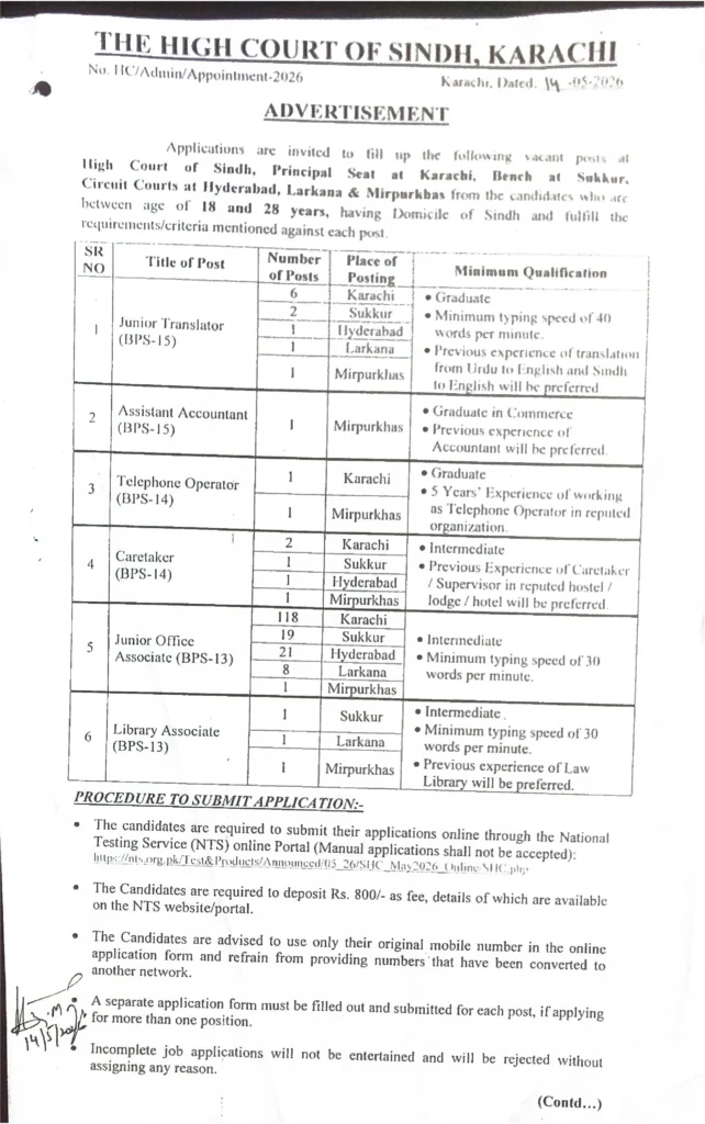 The High Court of Sindh Jobs Online Apply NTS Posts 2026