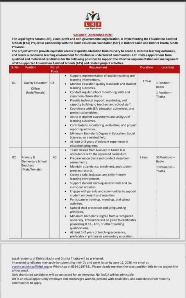 The Legal Rights Forum LRF NGO Sindh Jobs 2026