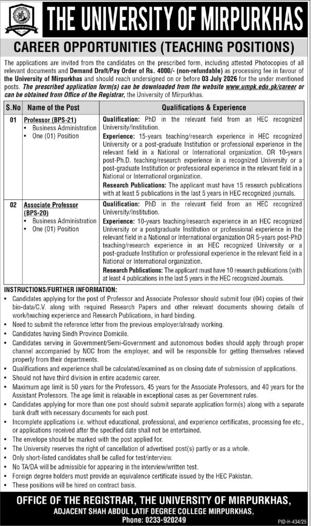The University of Mirpurkhas Teaching Jobs 2026