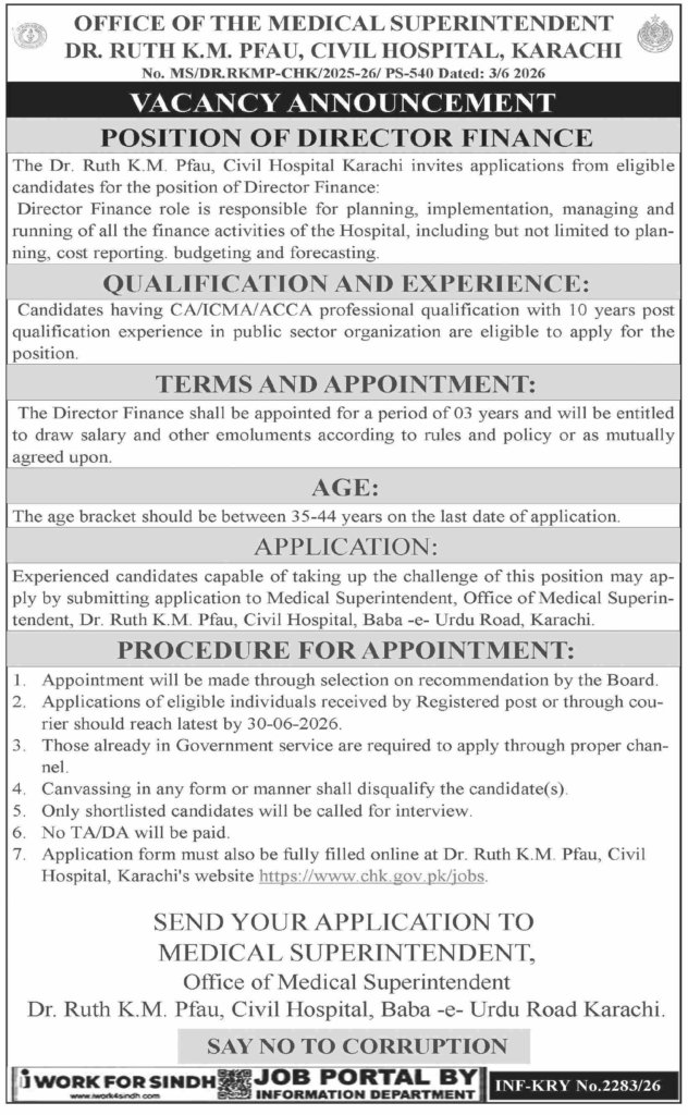 Dr Ruth K M Pfau Civil Hospital Jobs 2026