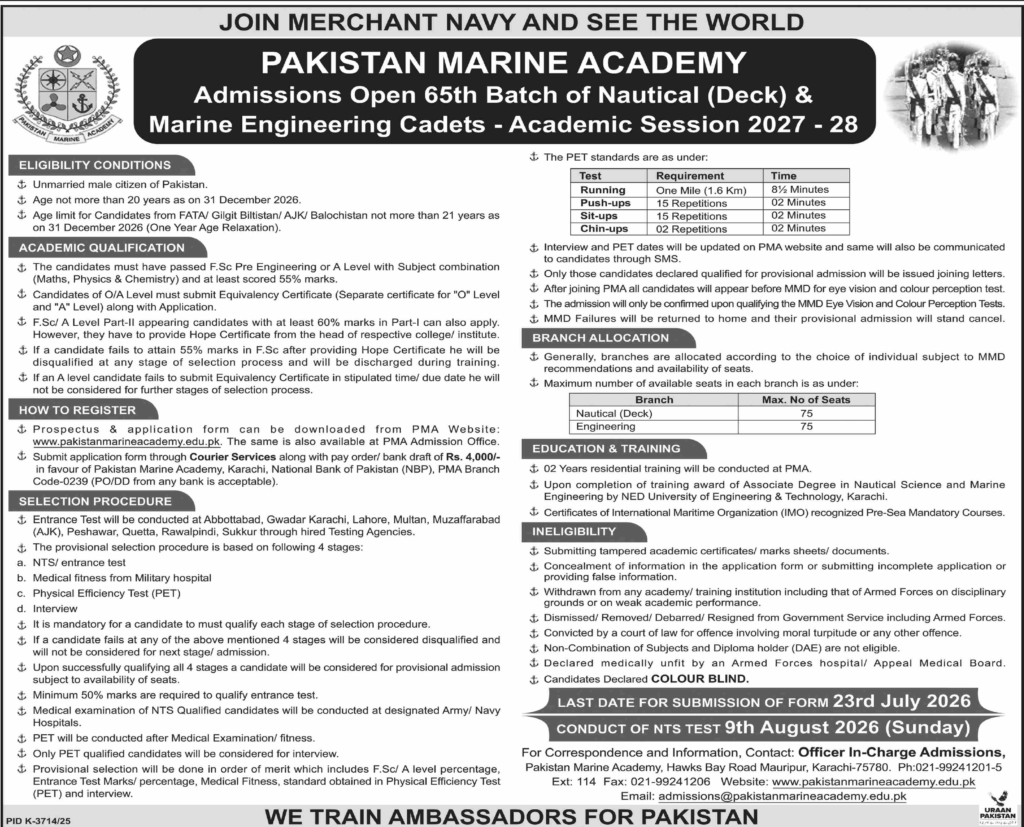 Latest Pakistan Marine Academy Jobs 2026