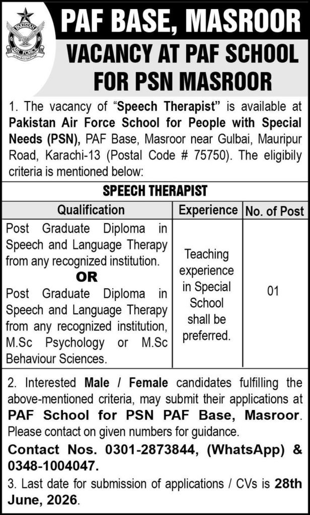 PAF School For Special Education Jobs 2026
