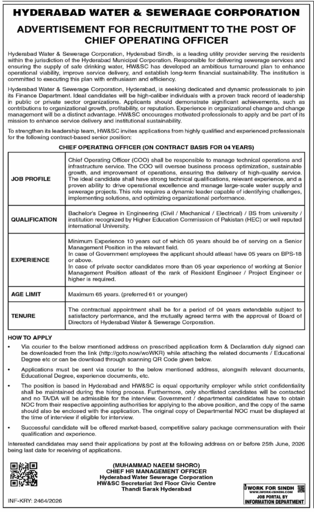 Hyderabad Water Corp Top Management Jobs 2026
