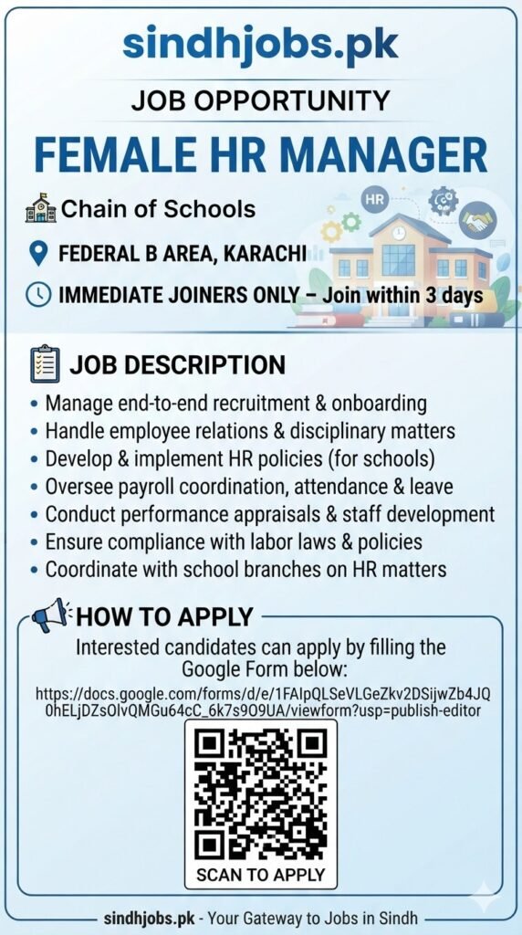 Female HR Manager Immediate Hiring for Top Karachi Schools