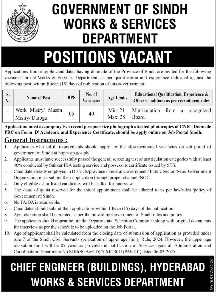 Apply for Jobs At Works and Services Department Sindh 2026