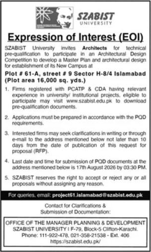Architect Job Vacancy At SZABIST University Karachi 2026