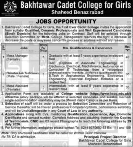 Bakhtawar Cadet College Nawabshah Jobs 2026