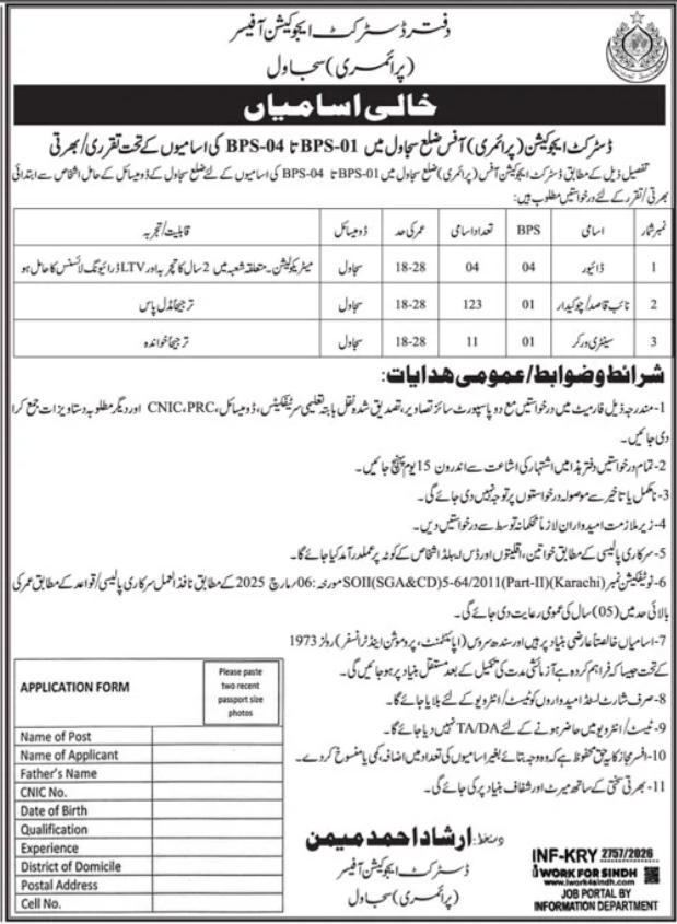 District Education Office Sujawal Jobs For Primary Pass 2026