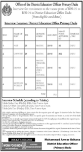District Education Officer DEO Primary Dadu Jobs Interview 2026
