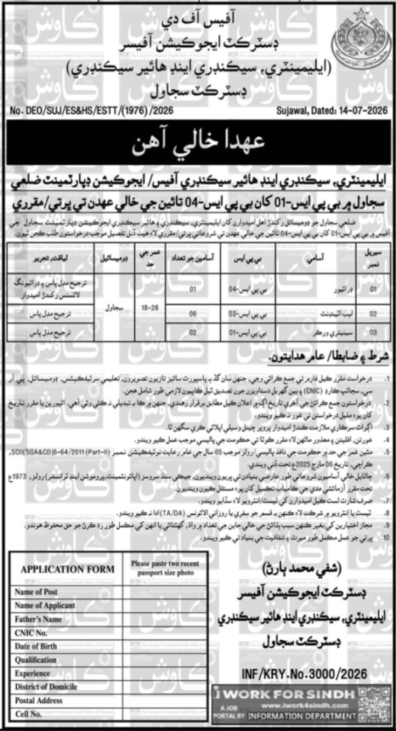 Elementary Secondary and Higher Secondary Sujawal Jobs 2026